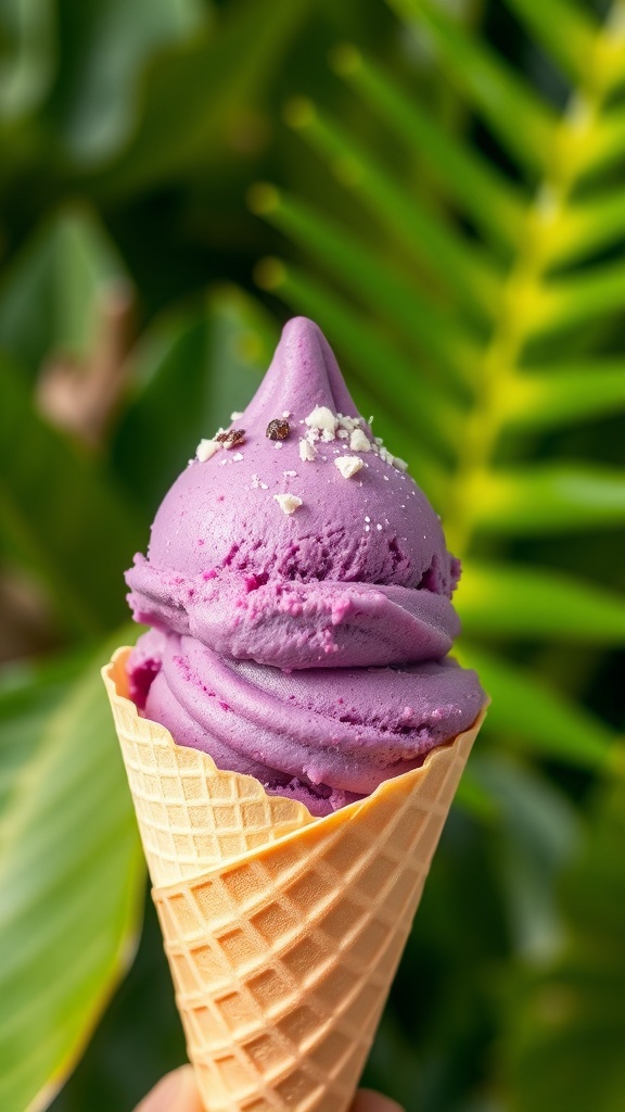 A cone of ube ice cream with a rich purple hue, garnished with crushed ube, set against a tropical background.